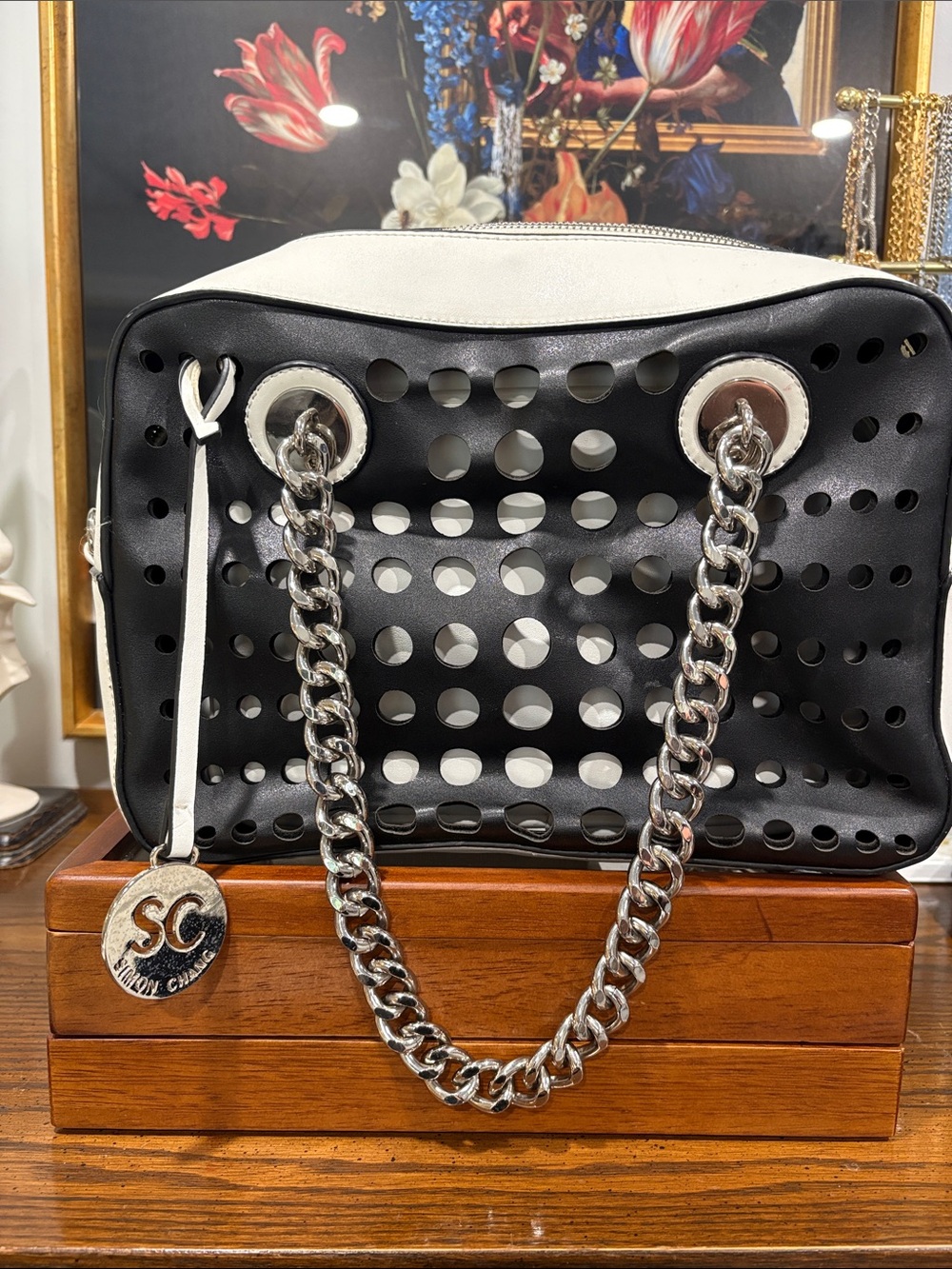 Simon Chang Black and White Perforated Chain-Handle Shoulder Bag 🖤